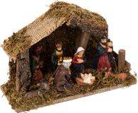 Feeric Lights & Christmas Kerststal met 7 Beelden, LED Verlichting, Bruin, Hout/Polyresin