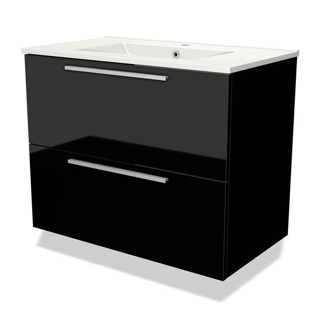 Maxaro Badkamermeubel 80cm Modulo Hoogglans Zwart 2 Lades Vlak Wastafel Keramiek