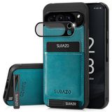 SURAZO Echt leren achterhoes voor Google Pixel 9 Pro, stootvast leren telefoonhoes met camerabescherming, glas, kaartenvak, standfunctie, sleutelhangertje, turquoise