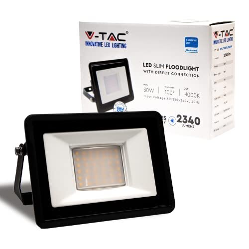 V-tac Led-schijnwerper voor buiten, met Samsung Chip 30 W en directe aansluiting, IP65, 2340 lumen, LED-projector voor buiten, kleur zwart, waterdicht, 4000 K, natuurlijk wit licht