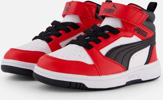 PUMA Rebound V6 Mid AC+ PS Unisex Sneakers - White/Black/Red - Size 33