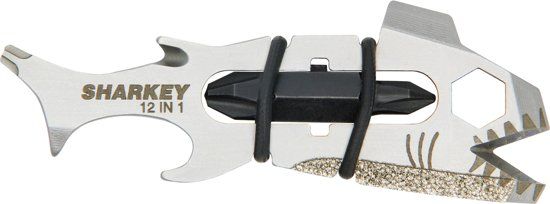 Hengelsportcadeau.nl RVS Sharkey 12-in-1 Mini Survival Multitool Sleutelhanger - Roestvrijstaal - Lichtgewicht Survivaltool