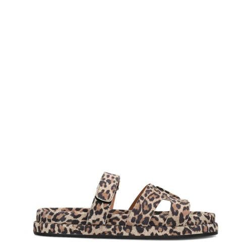 Poelman Mag suède slippers met panterprint beige/zwart