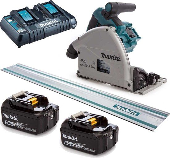 Makita DSP600PT2J1 36V (2x 18V) Li-Ion accu invalzaag set (2x 5,0Ah accu) in Mbox incl. geleiderail - 165 x 20 mm - koolborstelloos