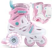 Cariboo Ballerina SET - Skates Inline + Beschermers - Kinderrollers - Roze/Munt - voor Meisjes - Led-wielen - Verstelbare maat (26-30)