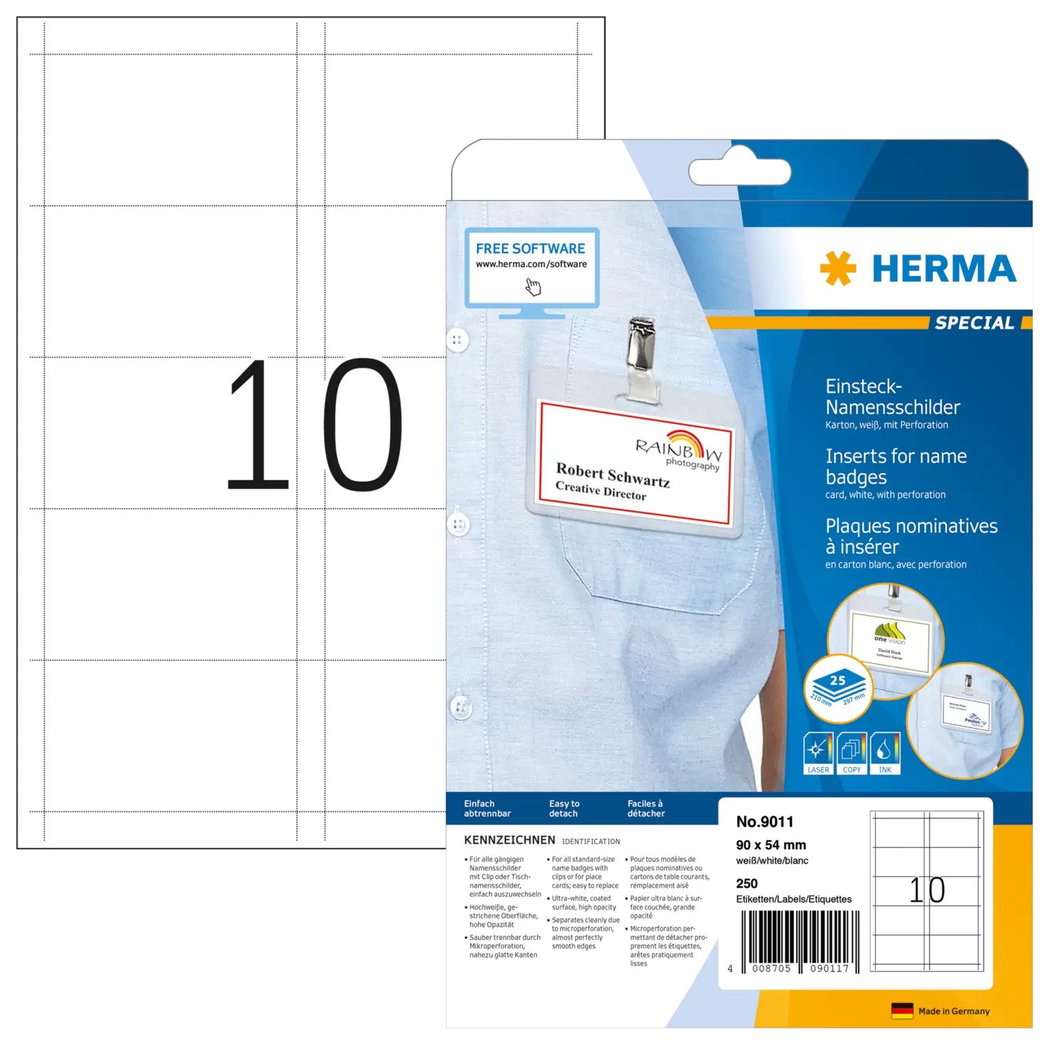 HERMA Name badge inserts A4 90x54 mm white cardboard 250 pcs.