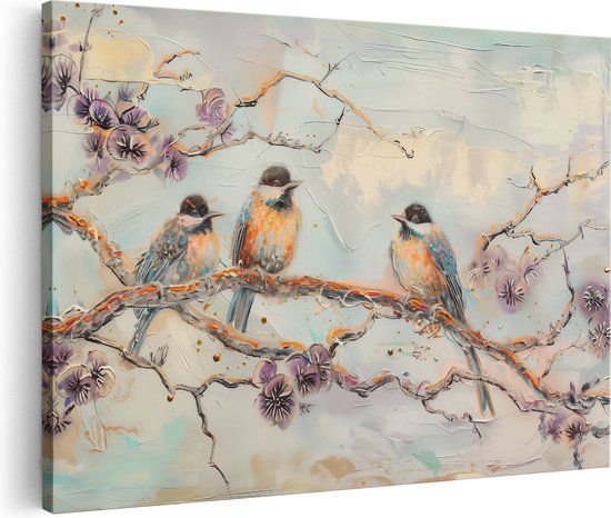 Artaza Canvas Schilderij Drie Vogels Zittend op een Tak - 90x60 cm - Canvas Print