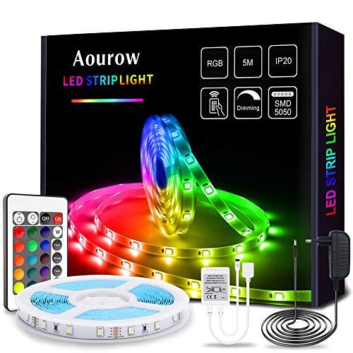 Aourow 5050 SMD-ledstrip, 5 m wisselende kleuren, inclusief afstandsbediening en 12 V voeding, flexibele ledstrips met zelfklevend, voor doe-het-zelfdecoratie