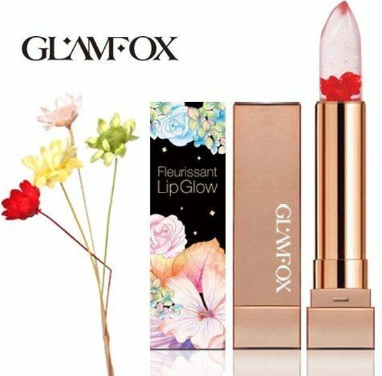 Glamfox Fleurissant Lipstick / Lip Glow Rose Flower Lippenstift met Roze bloem 24K goudpoeder Echte bloem Glanzend en kristalachtig uiterlijk Chique en romantische sensatie New Collection