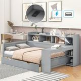 Pangivo Lit Banquette 90x200 Cm Avec Bureau Intégré 2 Tiroirs Et Prises Usb Gris En Bois Mdf