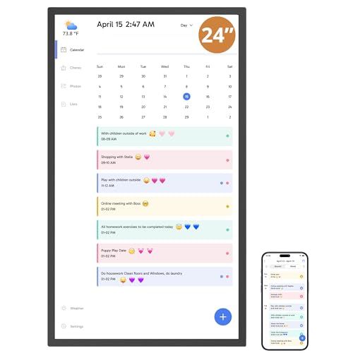 Dragon Touch Kalender, 24 inch digitale kalender 2025 familie muurplanner, 1080P Full HD interactief touchscreen, slimme karweitkaart en thuisorganisatie, cadeau voor drukke gezinnen planning zwart