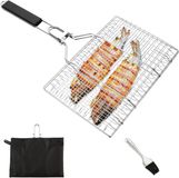 Merkloos Grillmand voor vis met tang en siliconen borstel, roestvrij staal, opvouwbaar, 35 x 22 cm.
