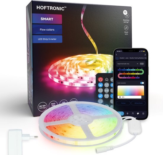 HOFTRONIC - Smart LED Strip 5m, RGB-W LED band - Flow Colors - Music Sync - Segmentcontrol - Kleurenwissel - 64 Scènes - Bedienbaar via Smartphone App 120 LEDs - Amazon Alexa,Google Home & Siri