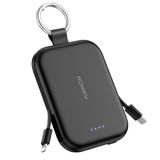 RORRY CharmGo Powerbank, 5000 mAh, draagbare oplader met geïntegreerde kabels en sleutelhanger, draagbare externe accu voor iPhone 17/16/15, AirPods 2/3/4/Pro, zwart