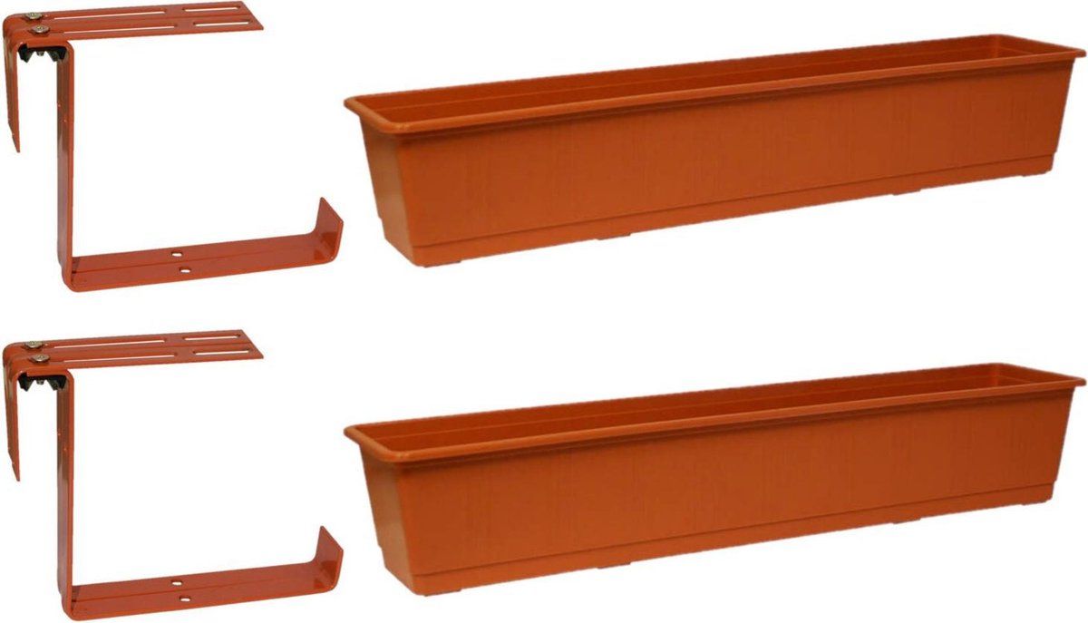 Geli Set van 4 plantenbakken terracotta rechthoekig 80 cm met 8 verstelbare railing beugels