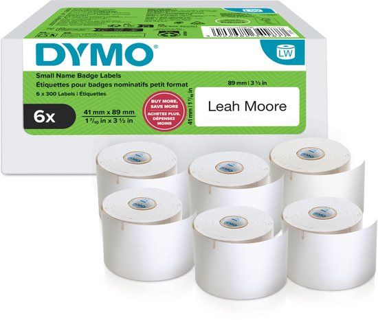 DYMO originele LabelWriter kleine naambadgelabels | 41 mm x 89 mm | Zelfklevend | 6 met elk 300 labels (1.800 zelfklevende etiketten) | voor de LabelWriter labelprinters | Gemaakt in Europa