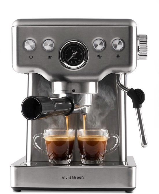Vivid Green Espressomachine - 20 Bar - Pistonmachine met stoompijpje - Kopjesverwarmer - Coffee Machine - RVS