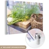 MuchoWow® Glass Painting 150x100 cm - Acrylic Glass Painting - Fresh Fennel in a Modern Kitchen on a Cutting Board - Photo on Glass - Paintings