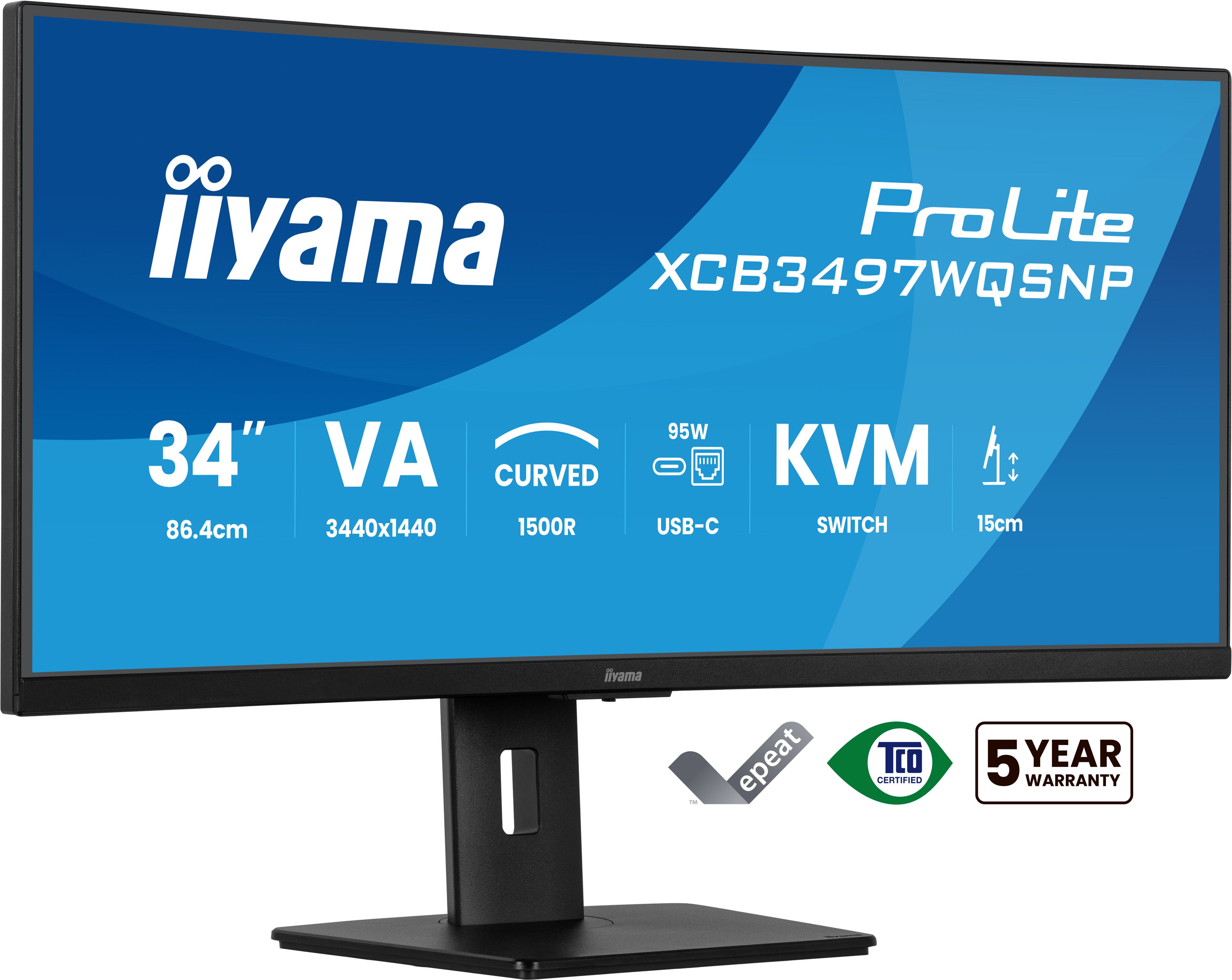 iiyama ProLite XCB3497WQSNP-B1 34" Curved Monitor - 3440x1440, VA, 120Hz, USB-C, USB Hub