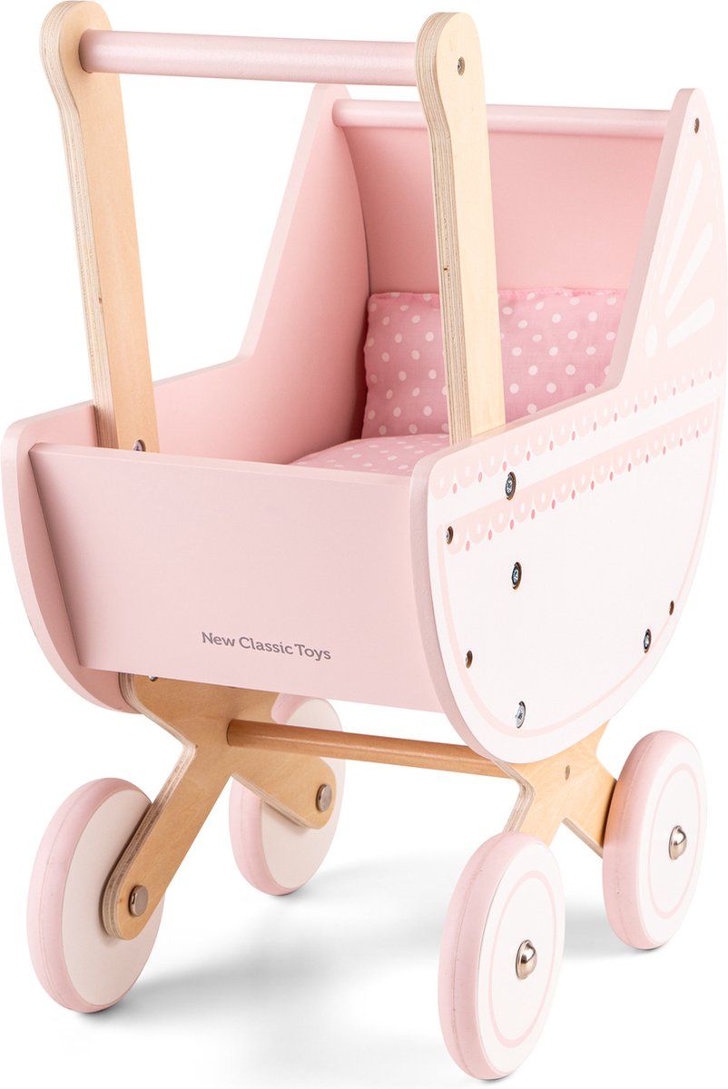 Woet New Classic Toys Houten Poppenwagen Roze | 50cm Duwhoogte