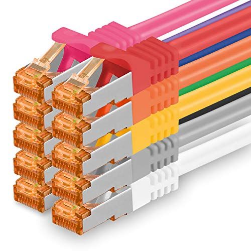 1aTTack.de 5m - Cat.7 Netwerkkabel 10 Kleuren - 10 Stuks Gigabit Ethernet LAN-kabel 10000 Mbit/s Patchkabel Cat7 Kabel S FTP PIMF Afscherming LSZH Cat.7 Ruwe Kabel RJ45 Connector Cat 6a - 10 x 5 Meter