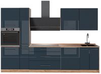 Vicco Complete keukeneenheid Fame-Line, Donkerblauw hoogglans/Goudkleurig Eiken, 310 cm
