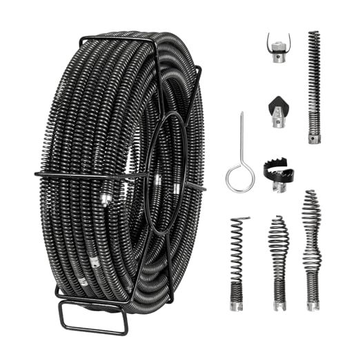 VEVOR Pijpreinigingsspiraal, 30 m x 16 mm, professionele reinigingskabel voor buisreinigingskabel met 7 snijders voor 20-100 mm buizen, holle kern-kanalisatiespiraal voor gootsteen, vloerafvoer,
