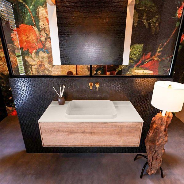 Mondiaz ERIN 100cm badmeubelset Washed oak met 1 lade + RIDGE wastafel Linen