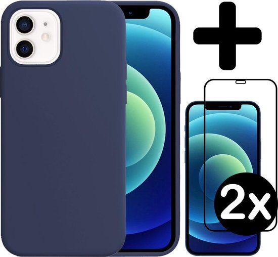 BTH Donkerblauw iPhone 12 Mini Hoesje Siliconen Case + 2x Screenprotector - Back Cover