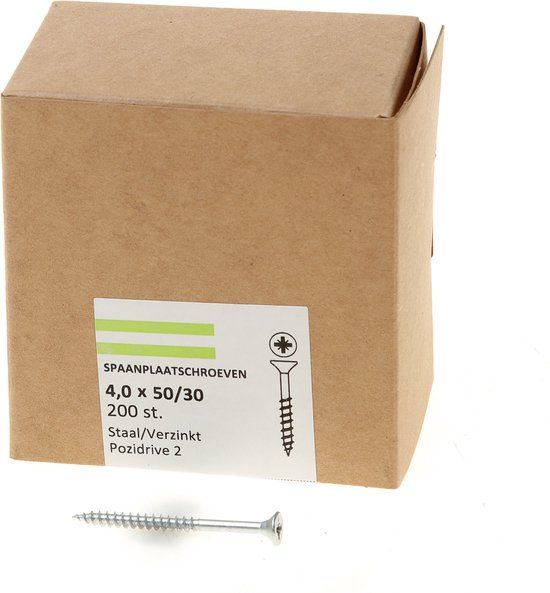 Hoenderdaal Fasteners Hoenderdaal Spaanplaatschroef verzinkt platverzonken kop PZ2 deeldraad 4.0X50/30 (per 200 stuks)