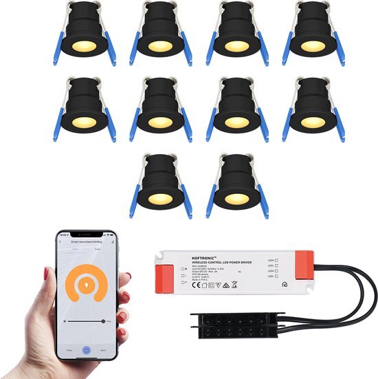 HOFTRONIC SMART 10x Milano zwarte Smart LED Inbouwspots complete set - Wifi & Bluetooth - 12V - 3 Watt - 2700K warm wit - Veranda verlichting - Voor binnen en buiten