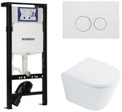 Geberit QeramiQ Dely Toiletset - 36.3x51.7cm - diepspoel - rimless - Geberit UP320 plieger inbouwreservoir - softclose toilet zitting - 35mm - mat witte bedieningsplaat - ronde knoppen - glans wit