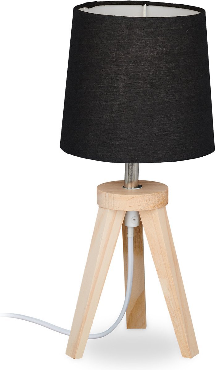 Relaxdays tafellamp driepoot - nachtkastlamp hout - Scandinavische woonkamer lamp zwart