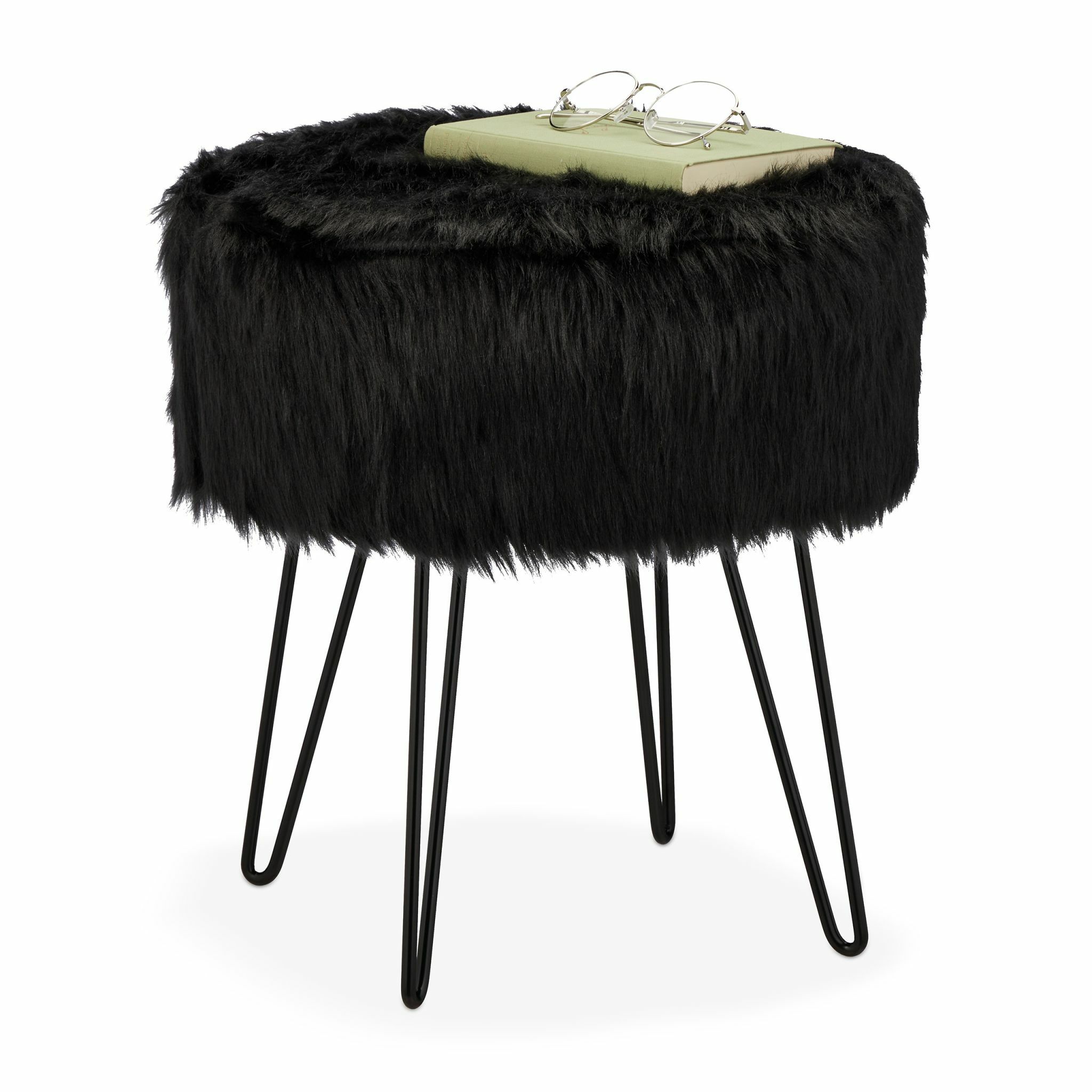 Relaxdays Poef op pootjes - Zwart - Rond - Hocker - Ø 37 cm