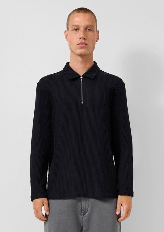QS s.Oliver QS Polo-Shirt Zwart Katoen Regular Fit Lange Mouw