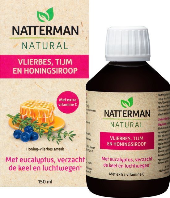 Natterman Natural Vlierbes, Tijm en Honingsiroop - Verzacht de keel met eucalyptus en tijm* - Eucalyptus helpt om vrijer te ademen* - Vitamine C ter ondersteuning van de weerstand - Honing-vlierbes smaak - 150 ml