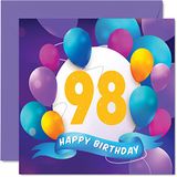 98e Stuff4 98e verjaardagskaart voor mannen en vrouwen - Ballonfeest - Gelukkige verjaardagskaarten voor 98-jarige man vrouw overgrootvader opa oma nanny mama papa, 145 mm x 145 mm verjaardagskaarten cadeau