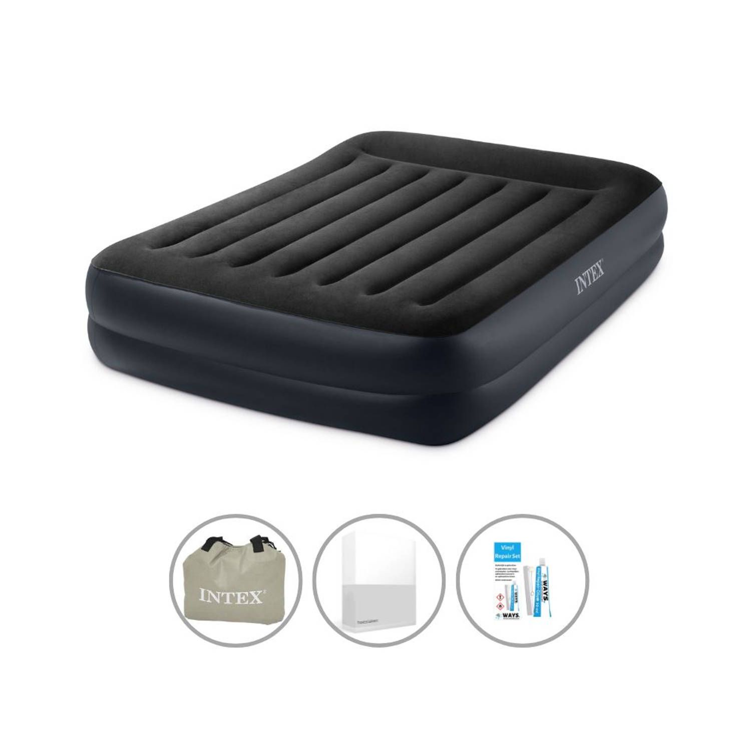 Intex Luchtbedset 2-Persoons 152 x 203 x 42 cm - Blauw - Met pomp + Hoeslaken Wit + Reparatieset