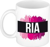 Bellatio Decorations Shoppartners Bv Ria naam cadeau koffie mok - beker - met roze verfstrepen - 300 ml - wit