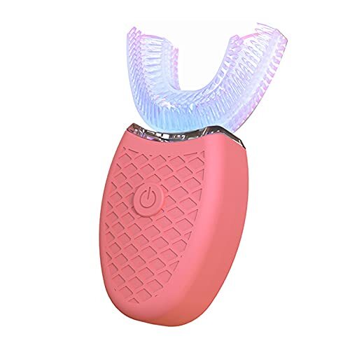 Clenp Elektrische tandenborstel, elektrische tandenborstel U-vormige ultrasone siliconen 360 graden automatische blauwe lichte tandenborstel voor thuisgebruik roze 3-7Y