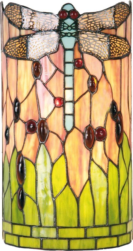 Clayre & Eef tiffany wandlamp cilinder dragonfly blue serie - oranje groen multi colour - ijzer glas