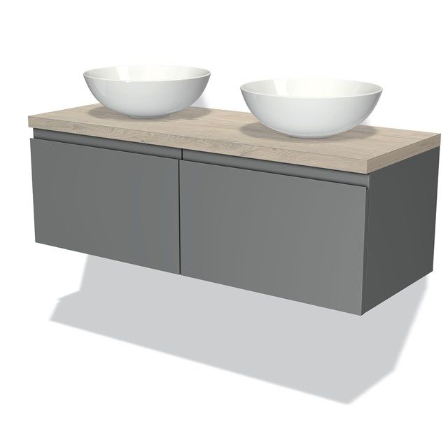 Maxaro Badkamermeubel Modulo Plato 120cm Middengrijs 2 Lades Greeploos Lichtgrijs Eiken Blad