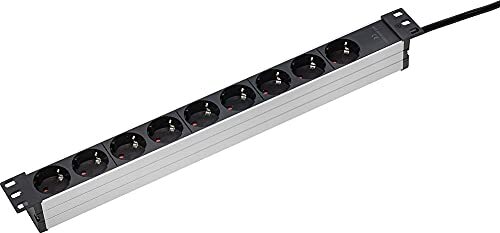 AS-Schwabe 9-voudige stekkerdoos 19 inch Rack, voor universele inbouw in 19 inch netwerkkasten, stabiele aluminium behuizing, 2 m kunststof kabelkabel, 45°-opstelling, IP20, zwart/aluminium 18194