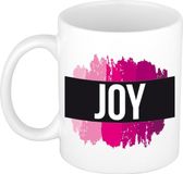 Bellatio Decorations Joy naam cadeau koffie mok - beker - met roze verfstrepen - Cadeau collega - moederdag - verjaardag - juf - coach - 300 ml - wit