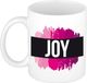 Bellatio Decorations Joy naam cadeau koffie mok - beker - met roze verfstrepen - Cadeau collega - moederdag - verjaardag - juf - coach - 300 ml - wit
