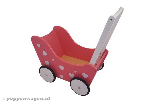 Playwood Houten Poppenwagen roze met witte hartjes