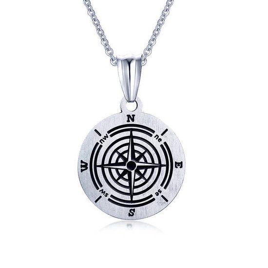Mendes Steel Heren Schakelketting Jasseron met Zilverkleurige Kompas Hanger