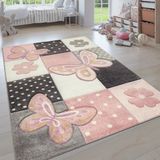 Paco Home Kindervloerkleed Kinderkamer Meerkleurig Roze Vlinders Ruitpatroon Stippen Bloemen 80x150 cm