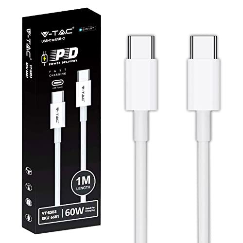 V-tac 1 meter USB-C naar USB-C kabel voor smartphone, computer tablet - ultra flexibele type-C-kabel voor snel opladen en gegevensoverdracht - compatibel met iPhone en Samsung - Power Delivery 60W