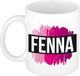 Bellatio Decorations Fenna naam cadeau koffie mok - beker - met roze verfstrepen - Cadeau collega - moederdag - verjaardag - juf - coach - 300 ml - wit